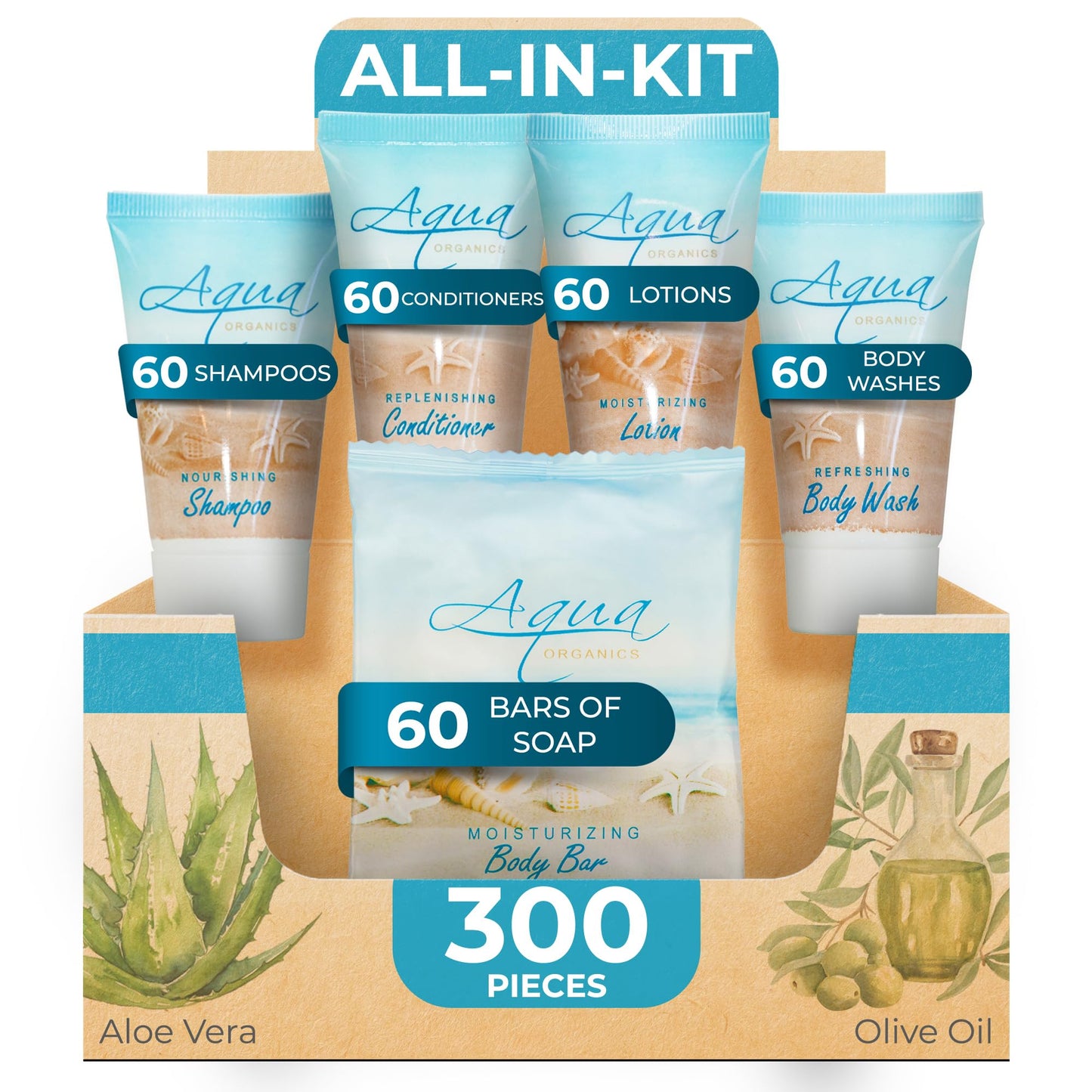 1-Shoppe All-in-Kit Aqua Organics Hotel Toiletries Bulk Set – 300 Pieces, 1oz Travel Sizes