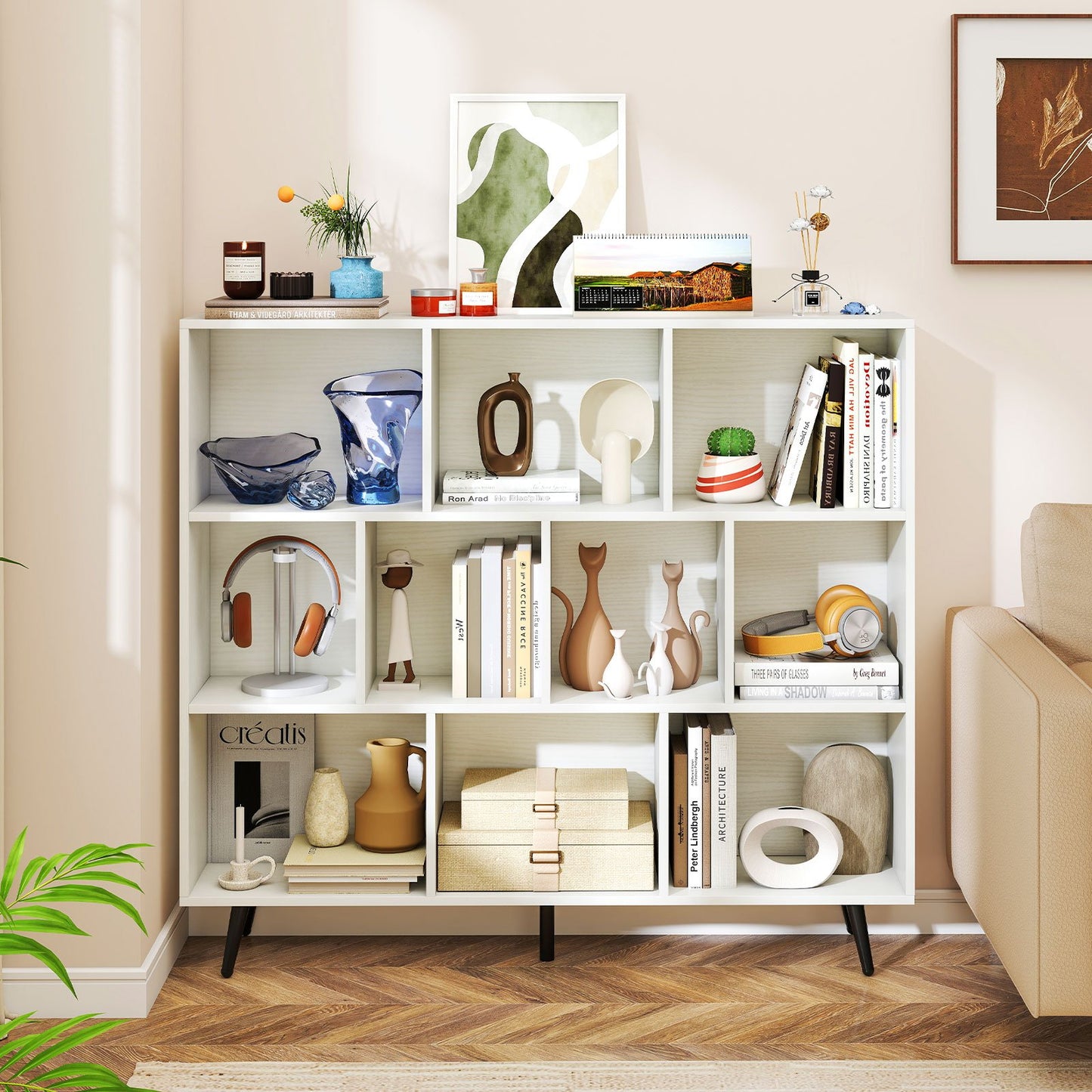 10-Cube Bookcase 120 CM Mid Century Modern Storage Organizer-Brown