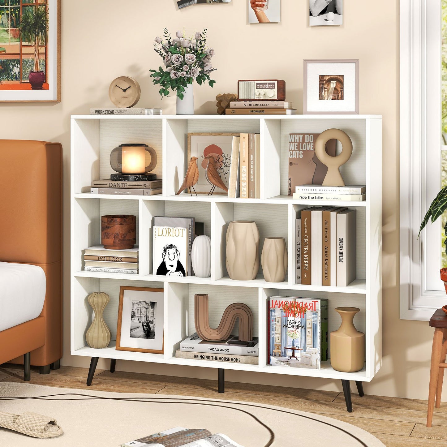 10-Cube Bookcase 120 CM Mid Century Modern Storage Organizer-Brown