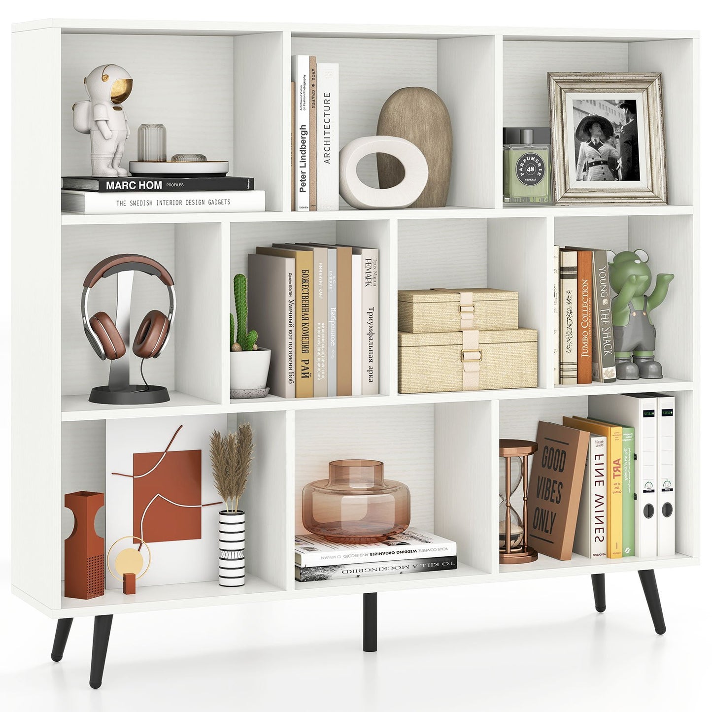10-Cube Bookcase 120 CM Mid Century Modern Storage Organizer-Brown
