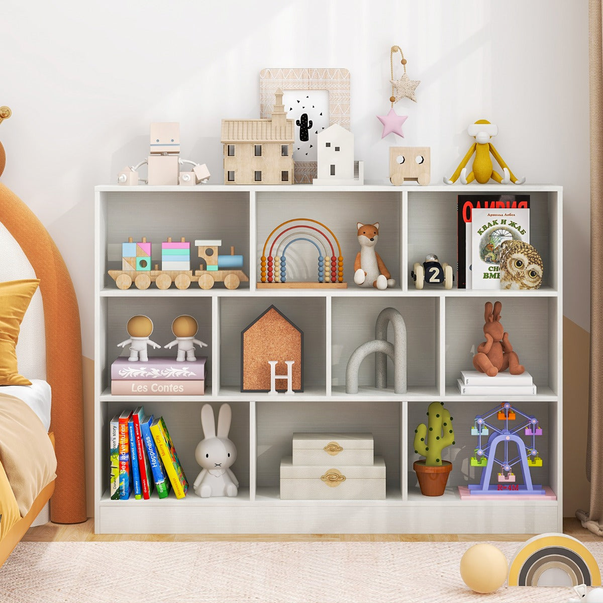 10-Cube Bookshelf with 2 Anti-Tipping Kits for Living Room Kid’s Room-Natural