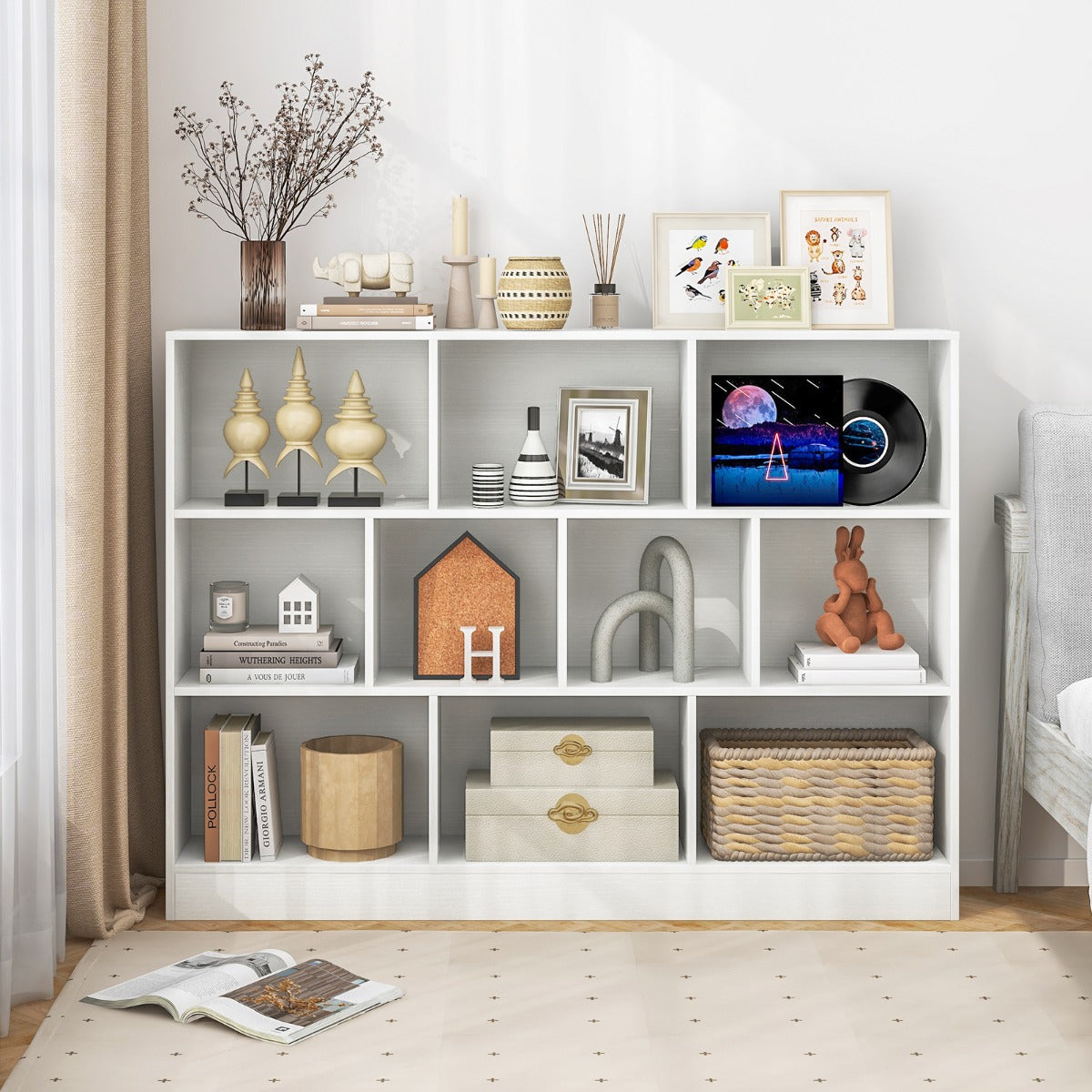 10-Cube Bookshelf with 2 Anti-Tipping Kits for Living Room Kid’s Room-Natural