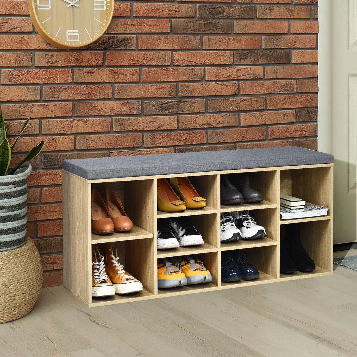 10-Cube Storage Bench Cabinet with Adjustable Shelves-Black