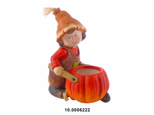 DEC. TEMATICA -MENINO C/CARRO ABOBORA COR LARANJA 28X18X40CM