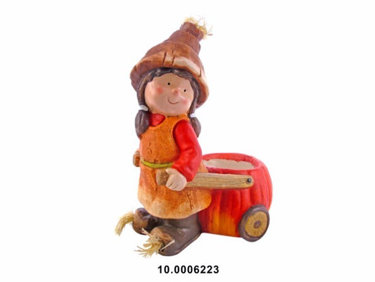 DEC. TEMATICA -MENINA C/CARRO ABOBORA COR LARANJA 28X18X40CM