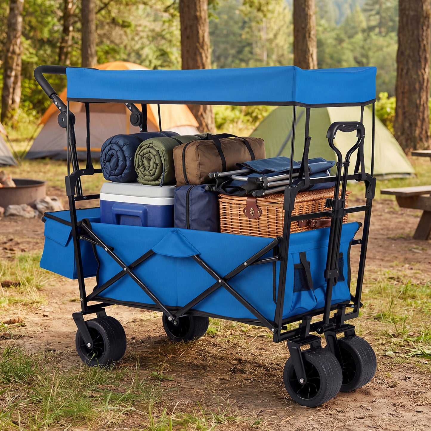 100 L Folding Garden Cart with Adjustable Handles and Canopy-Black