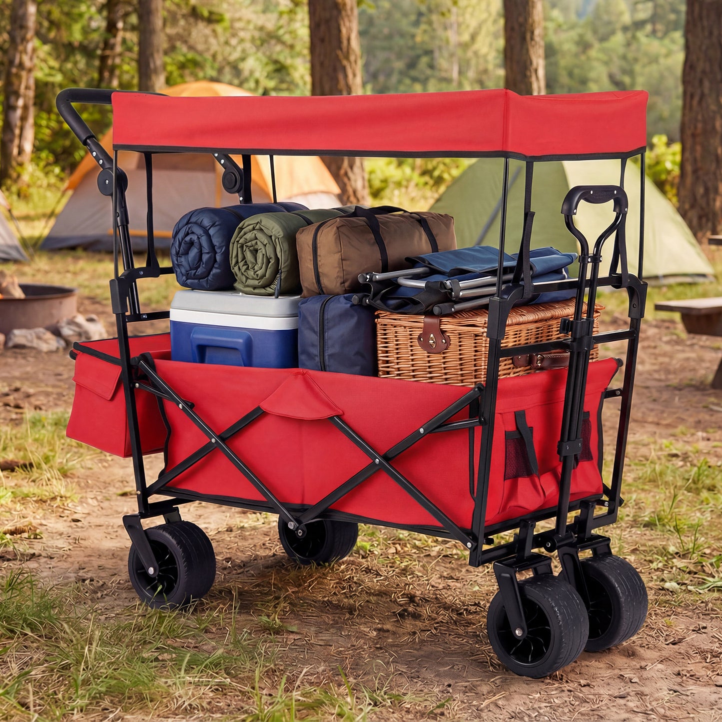 100 L Folding Garden Cart with Adjustable Handles and Canopy-Black
