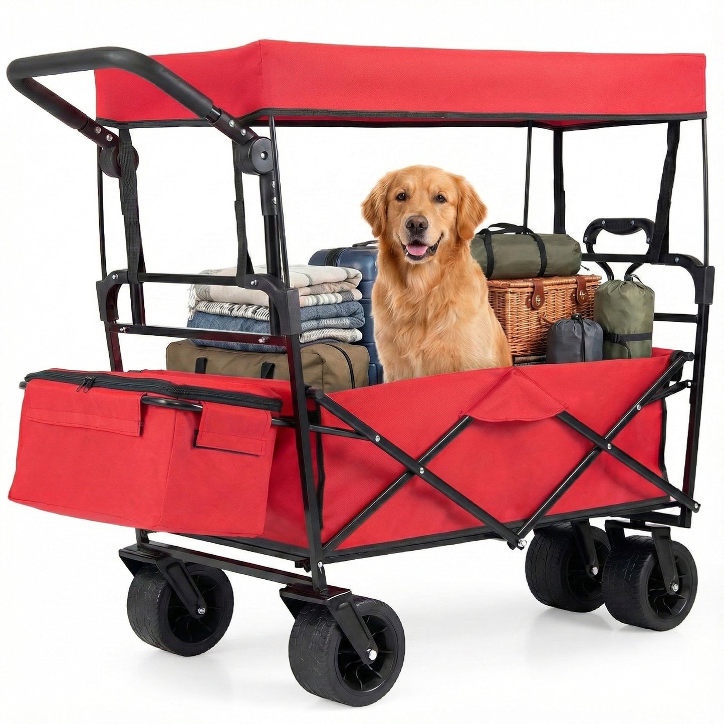 100 L Folding Garden Cart with Adjustable Handles and Canopy-Black