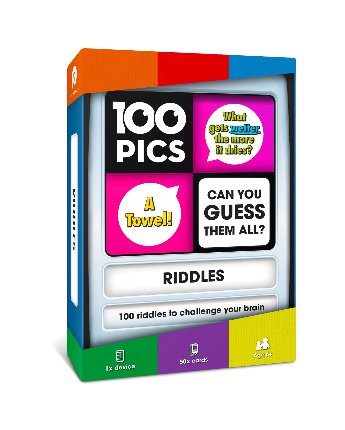 100 PICS Riddles Travel Game – 100 Riddles, Slide-Reveal Cards, Pocket-Sized Brain Teasers