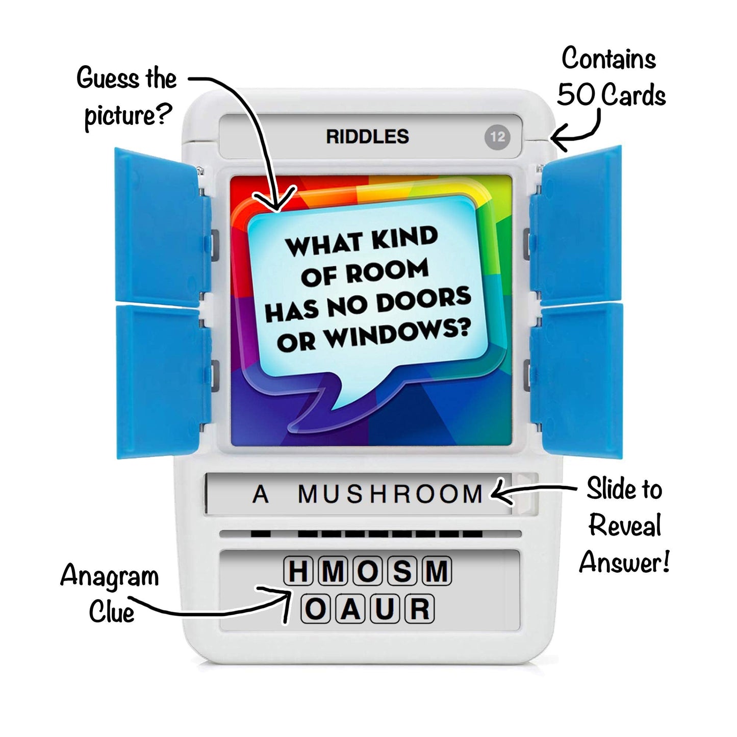 100 PICS Riddles Travel Game – 100 Riddles, Slide-Reveal Cards, Pocket-Sized Brain Teasers