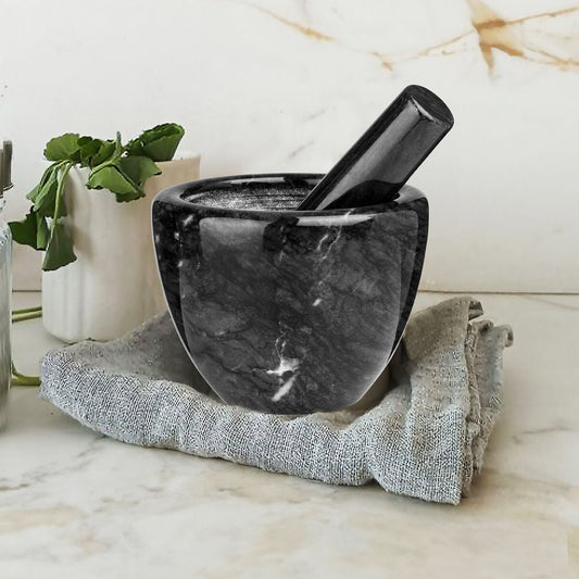 Black Marble Bowl Shaped Mortar and Pestle Set | Marmore