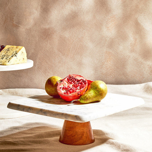 White Marble and Acacia Wood Cake Stand | Monzaro