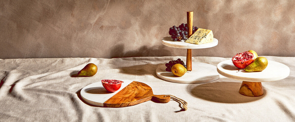 Monzaro Two Tier Marble and Acacia Wood cake stand