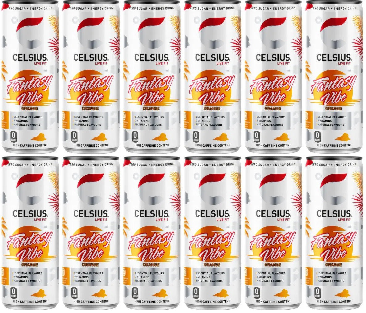 12 x Celsius Zero Sugar Fantasy Vibe Orange Energy Drink 355Ml