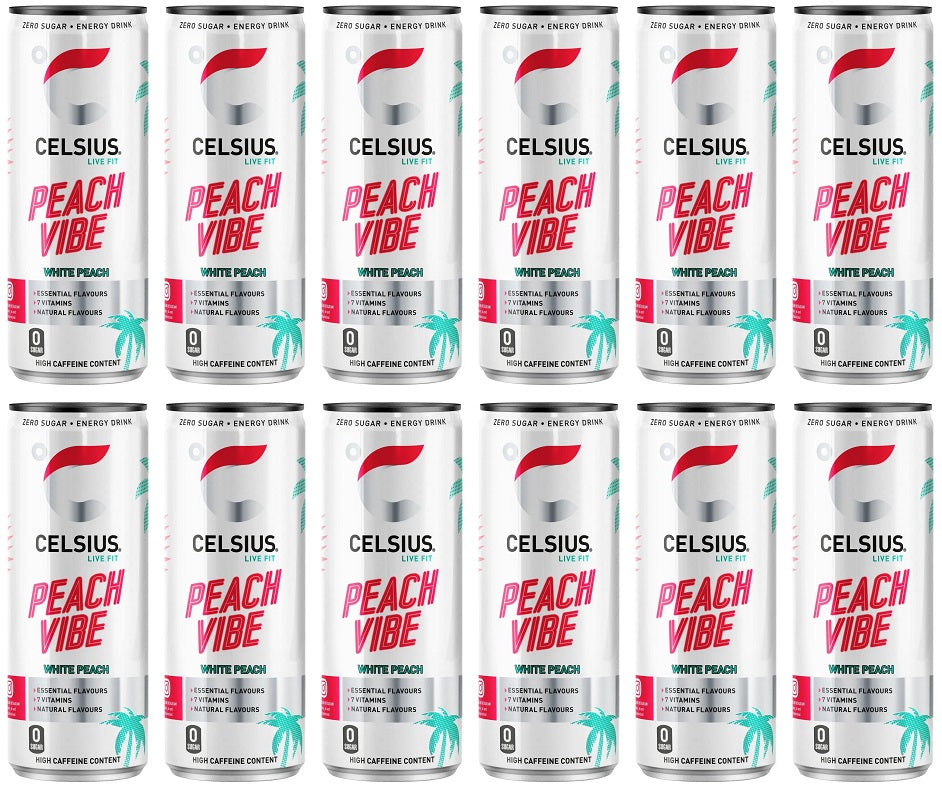 12 x Celsius Zero Sugar Peach Vibe White Peach Energy Drink 355Ml