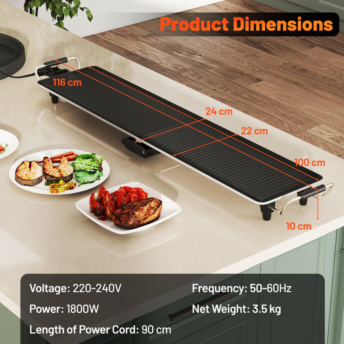 100 × 22cm Electric Griddle with 2 Nonstick Surfaces