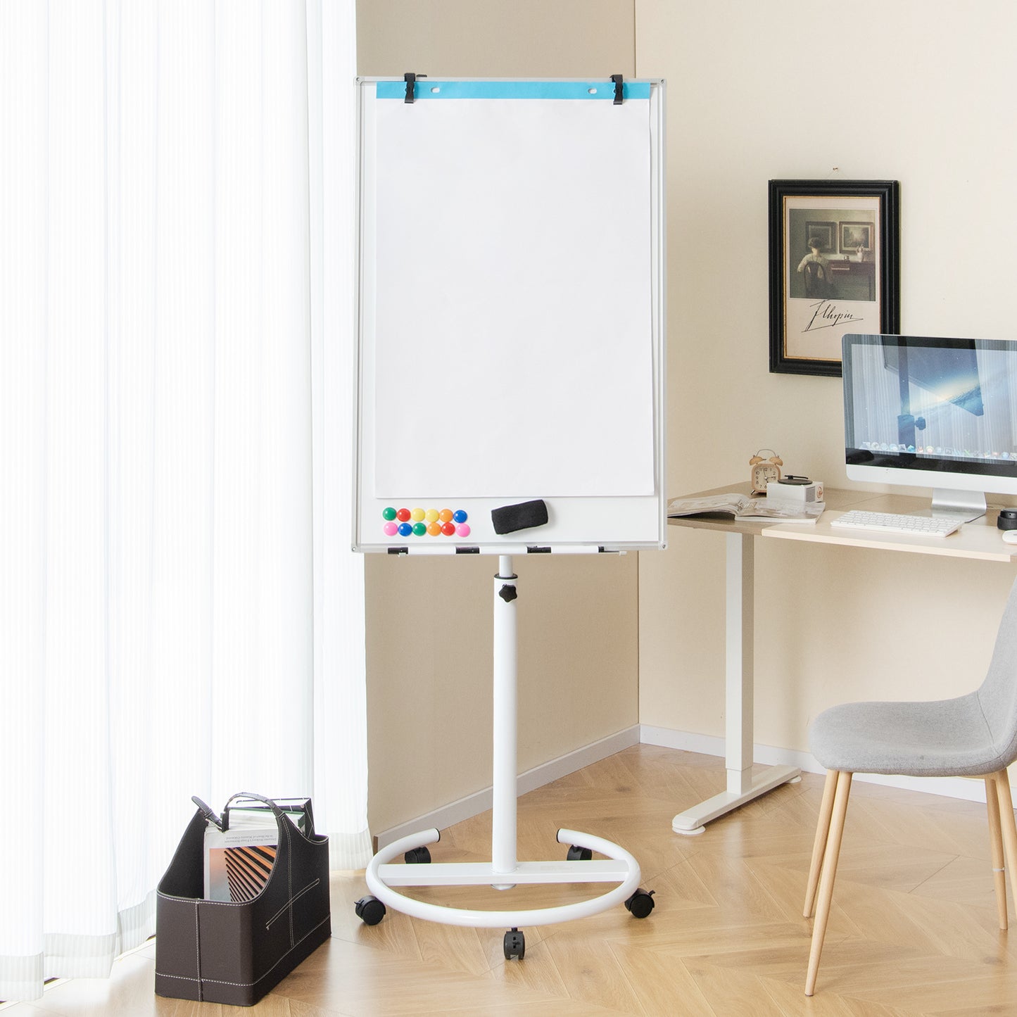 100 cm x 65 cm Height-Adjustable Magnetic Whiteboard on Wheels-Black & White