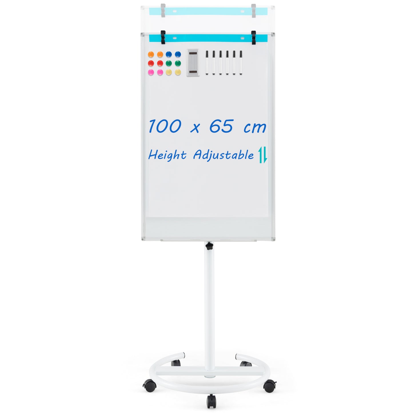 100 cm x 65 cm Height-Adjustable Magnetic Whiteboard on Wheels-Black & White