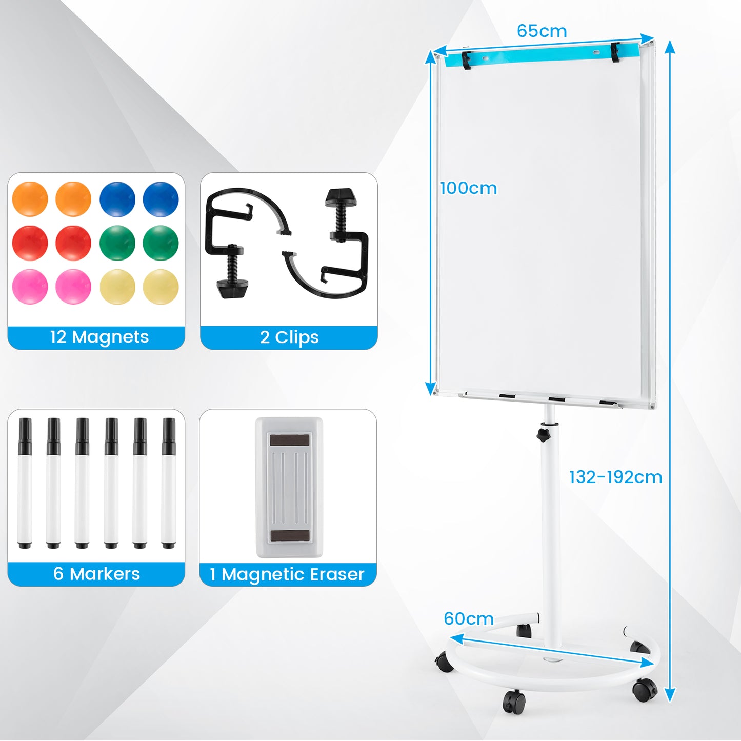 100 cm x 65 cm Height-Adjustable Magnetic Whiteboard on Wheels-Black & White