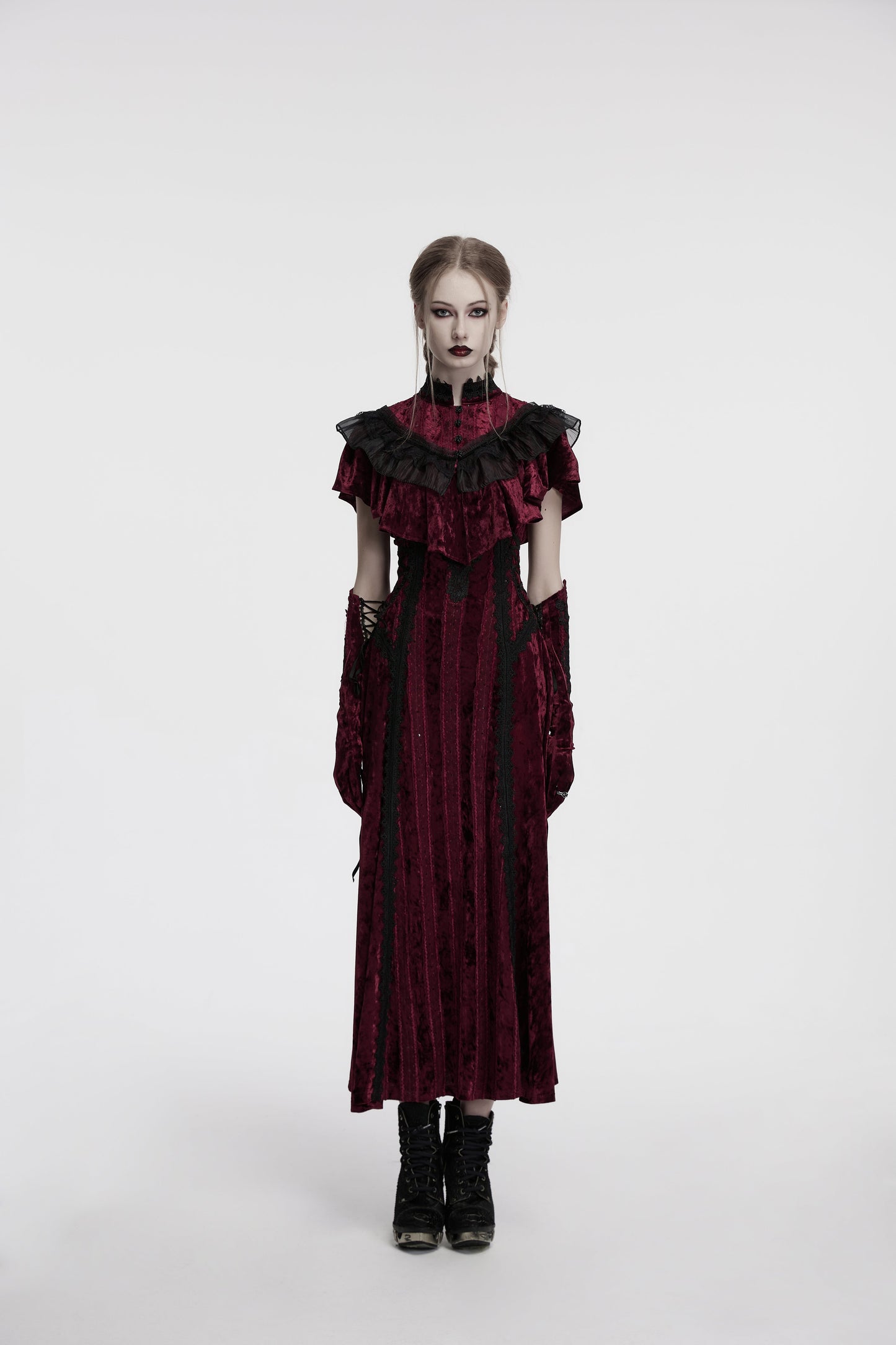 Punk Rave Elysia Velvet Ruffle Goth Shawl In Crimson