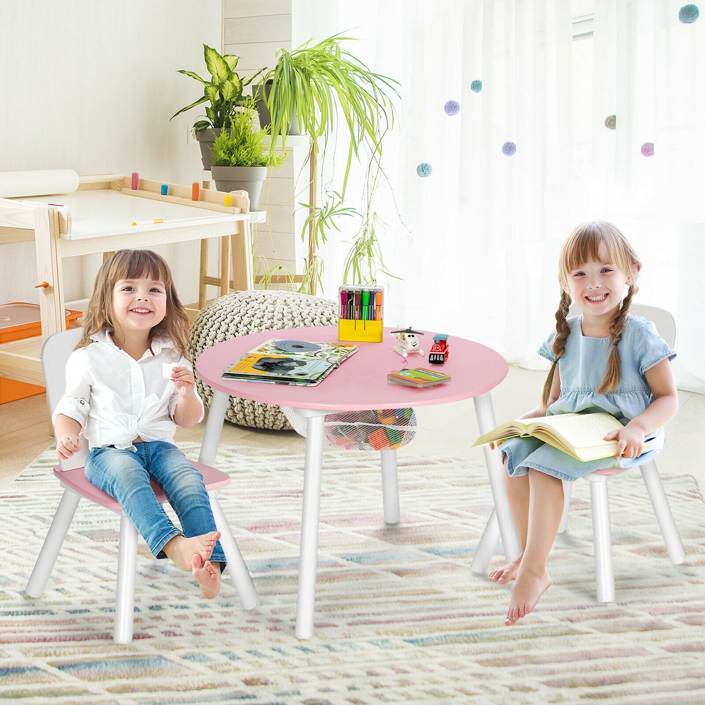 3pcs Wooden Kid's Activity Table Set with Mesh Storage-Blue