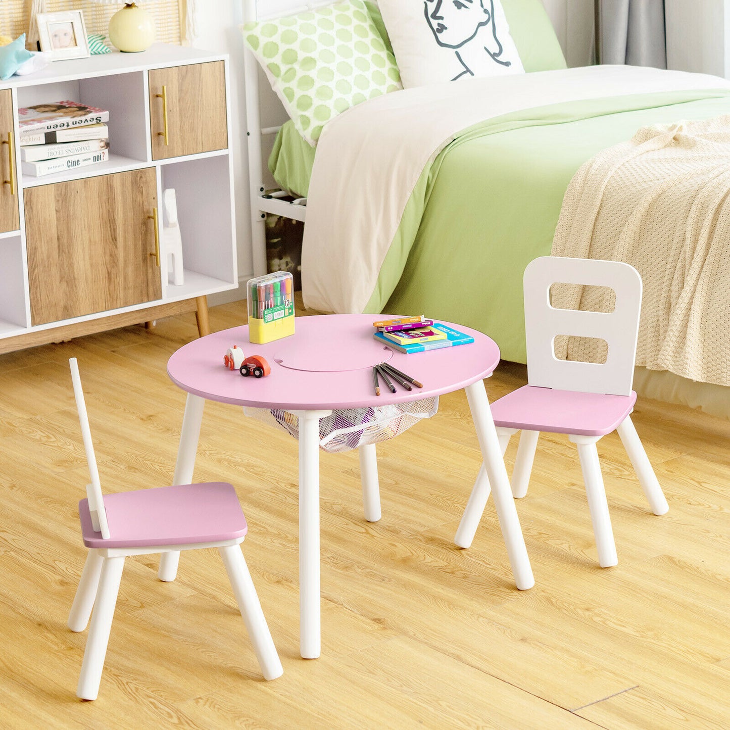 3pcs Wooden Kid's Activity Table Set with Mesh Storage-Blue