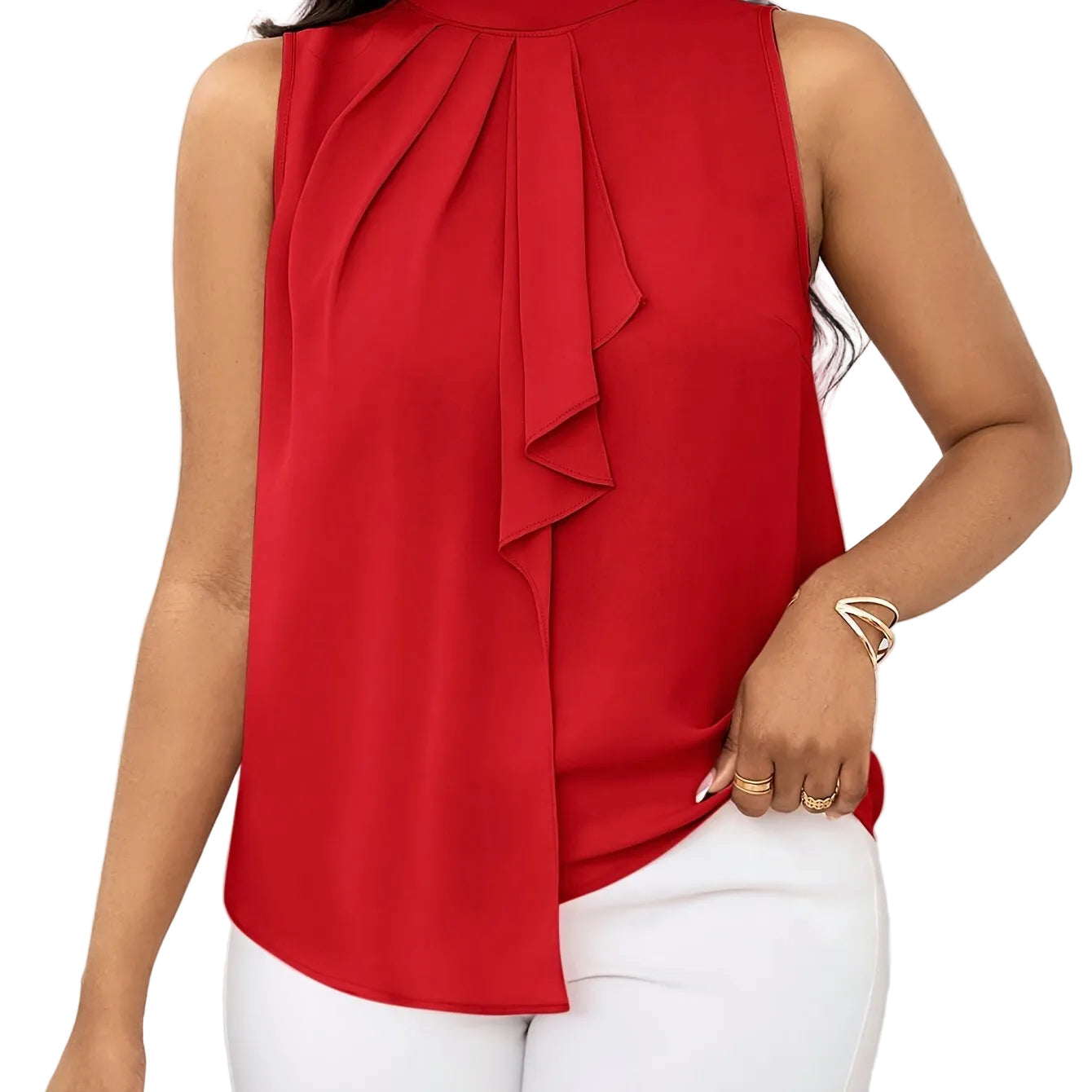 Women's High Neck Sleeveless Top – Solid Color with Lace-Up Detail