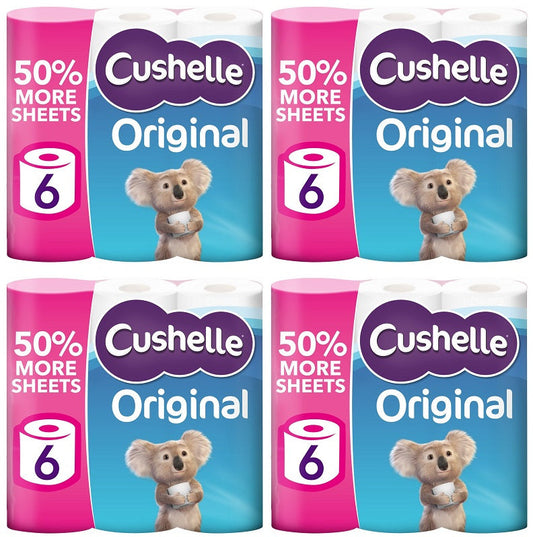 4 x Cushelle Original Toilet Rolls 6 Mega Rolls 50% More Sheets