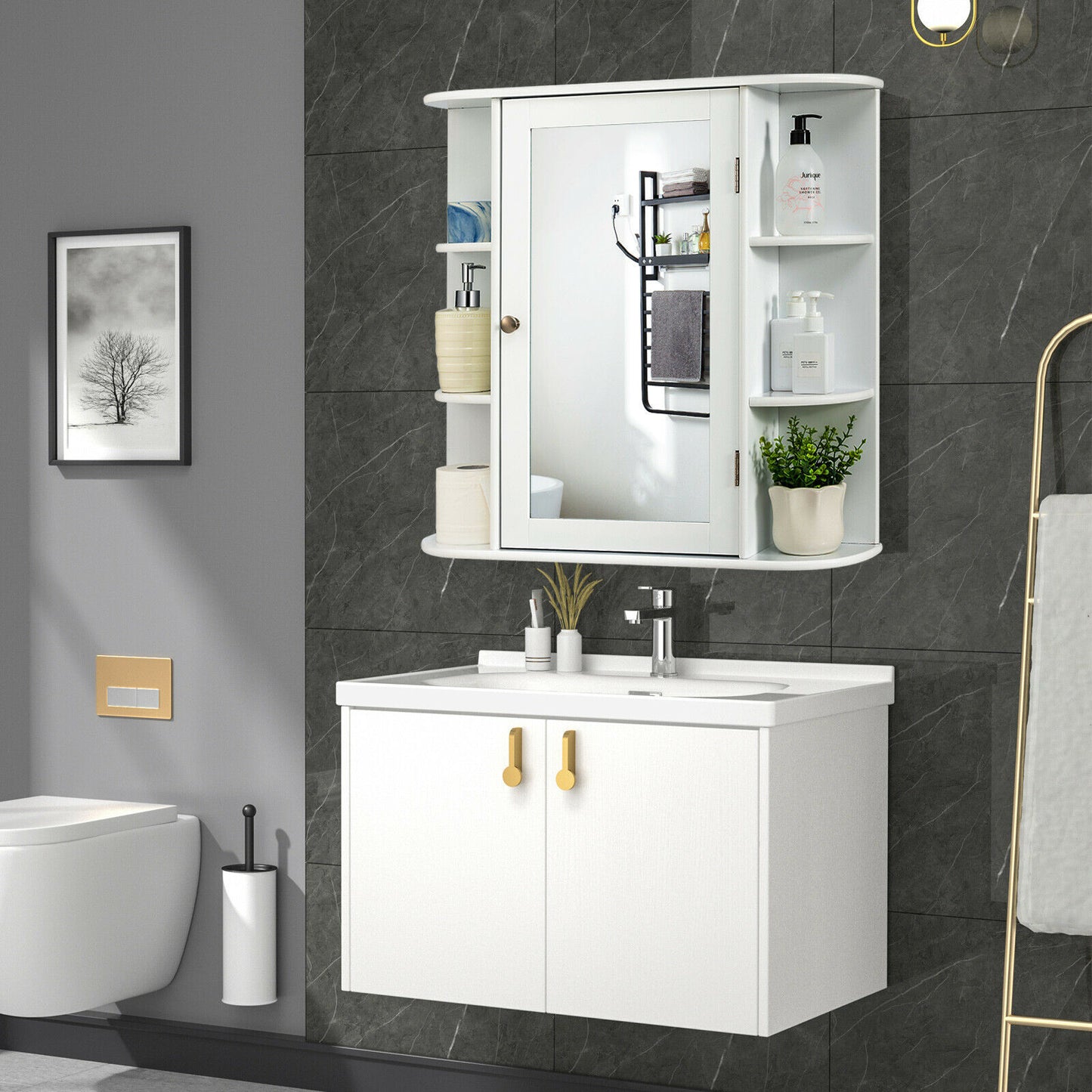 3-Tier Mirrored Wall Mounted Bathroom Cabinet-Grey