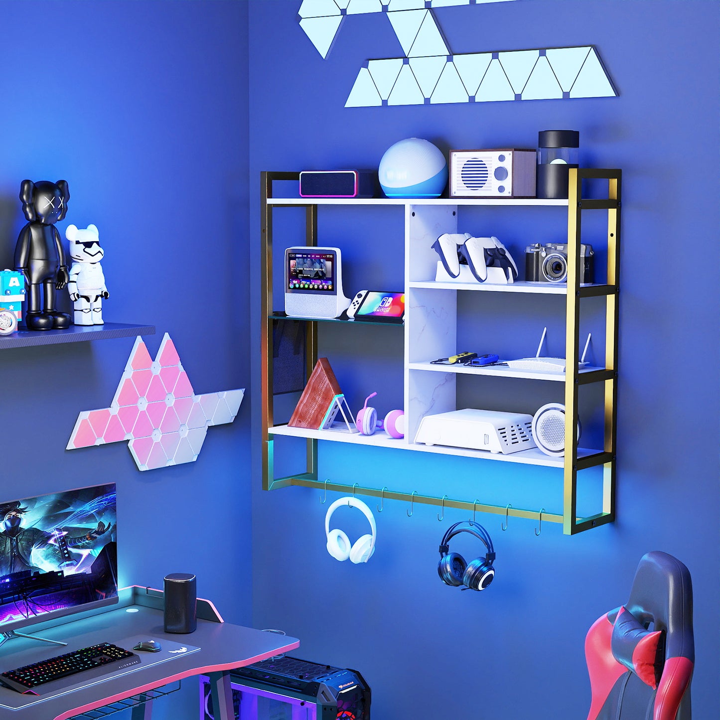 107 CM Gaming Floating Shelves with LED Lights Remote and APP Control-Black