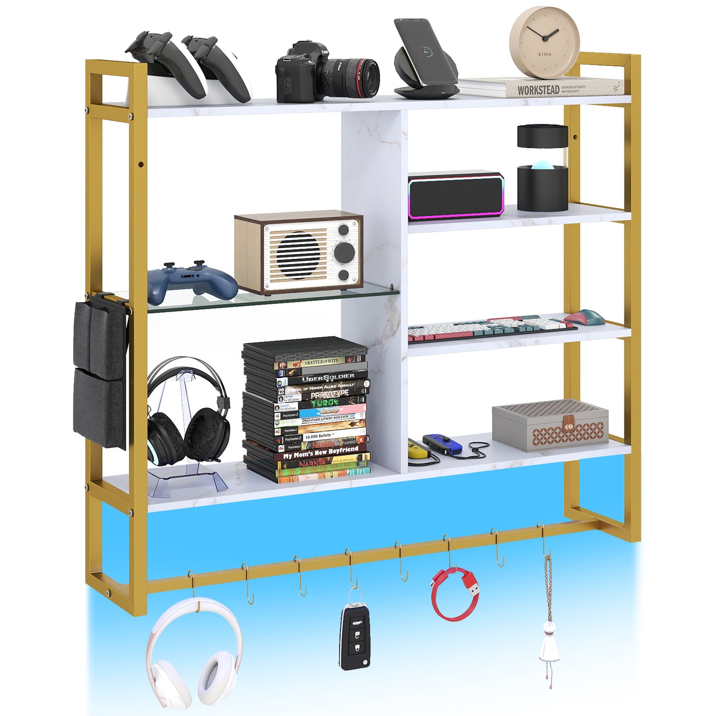 107 CM Gaming Floating Shelves with LED Lights Remote and APP Control-Black