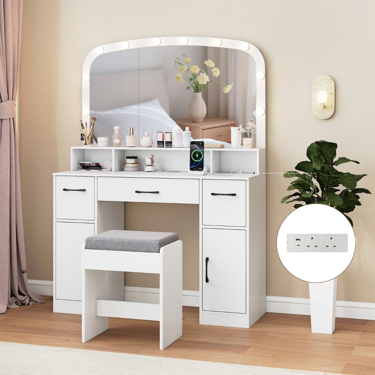 108 CM Wide Vanity Desk with Mirror and Lights for Bedroom-Rustic Brown