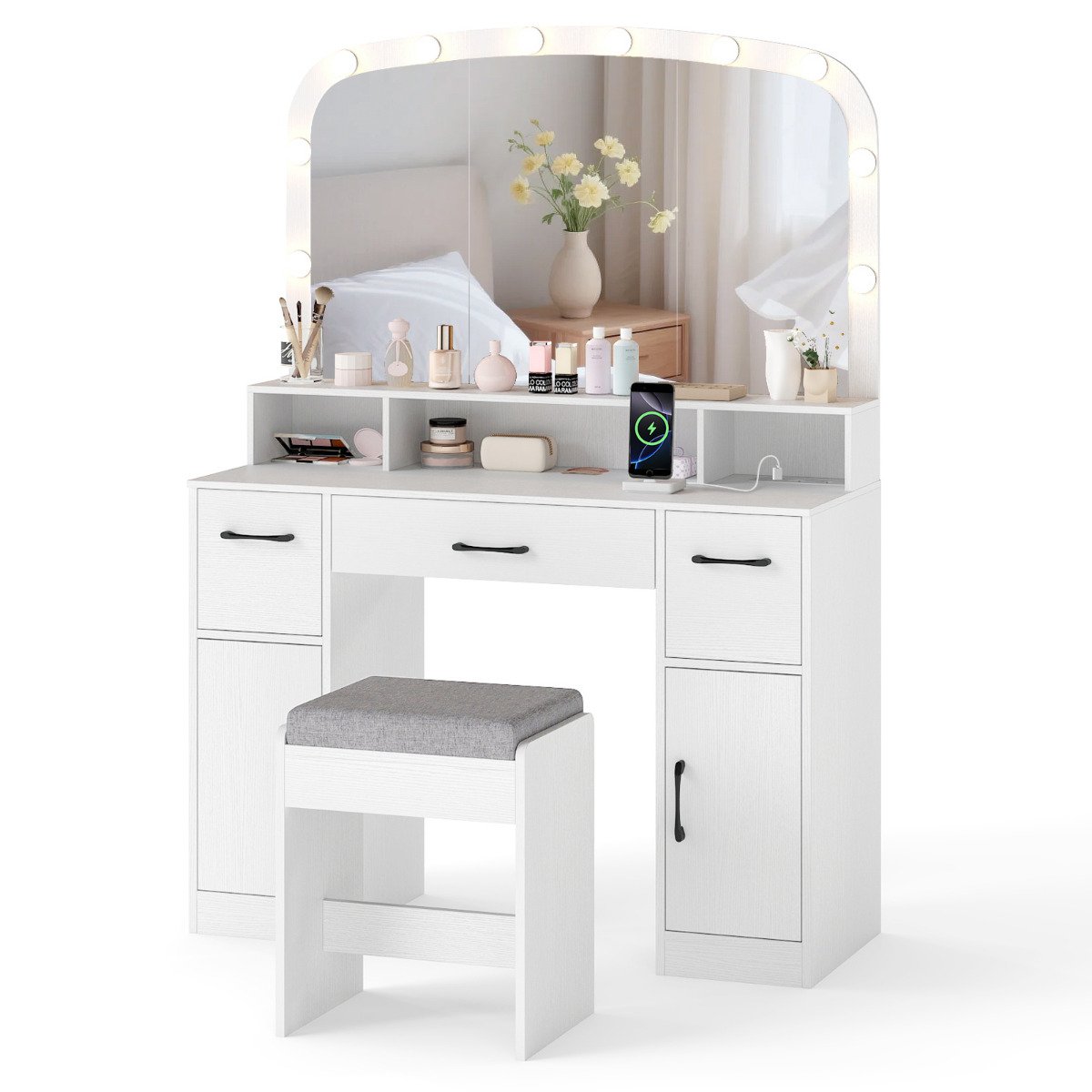 108 CM Wide Vanity Desk with Mirror and Lights for Bedroom-Rustic Brown