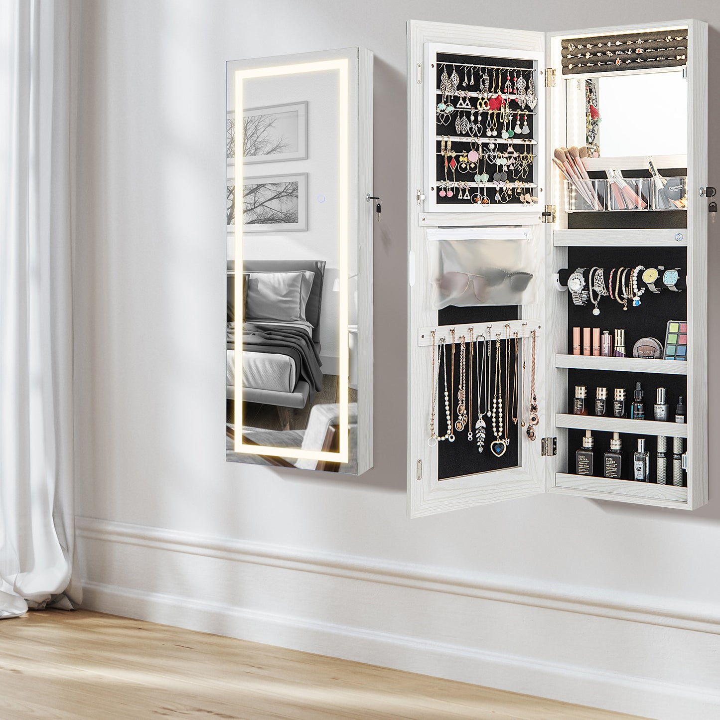 108cm Lockable Jewelry Mirror Cabinet with 3-Color LED Lights-Black1