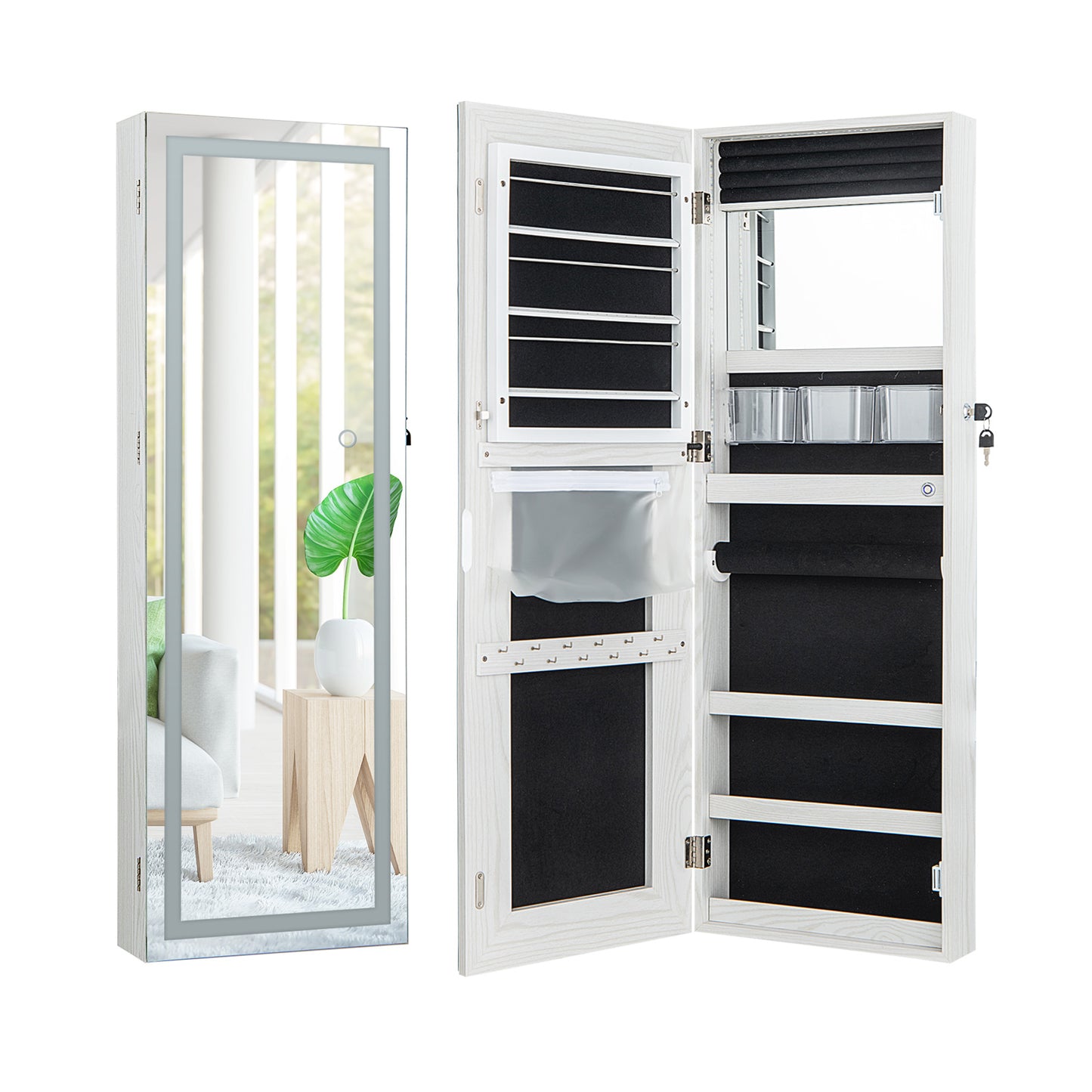 108cm Lockable Jewelry Mirror Cabinet with 3-Color LED Lights-Black1