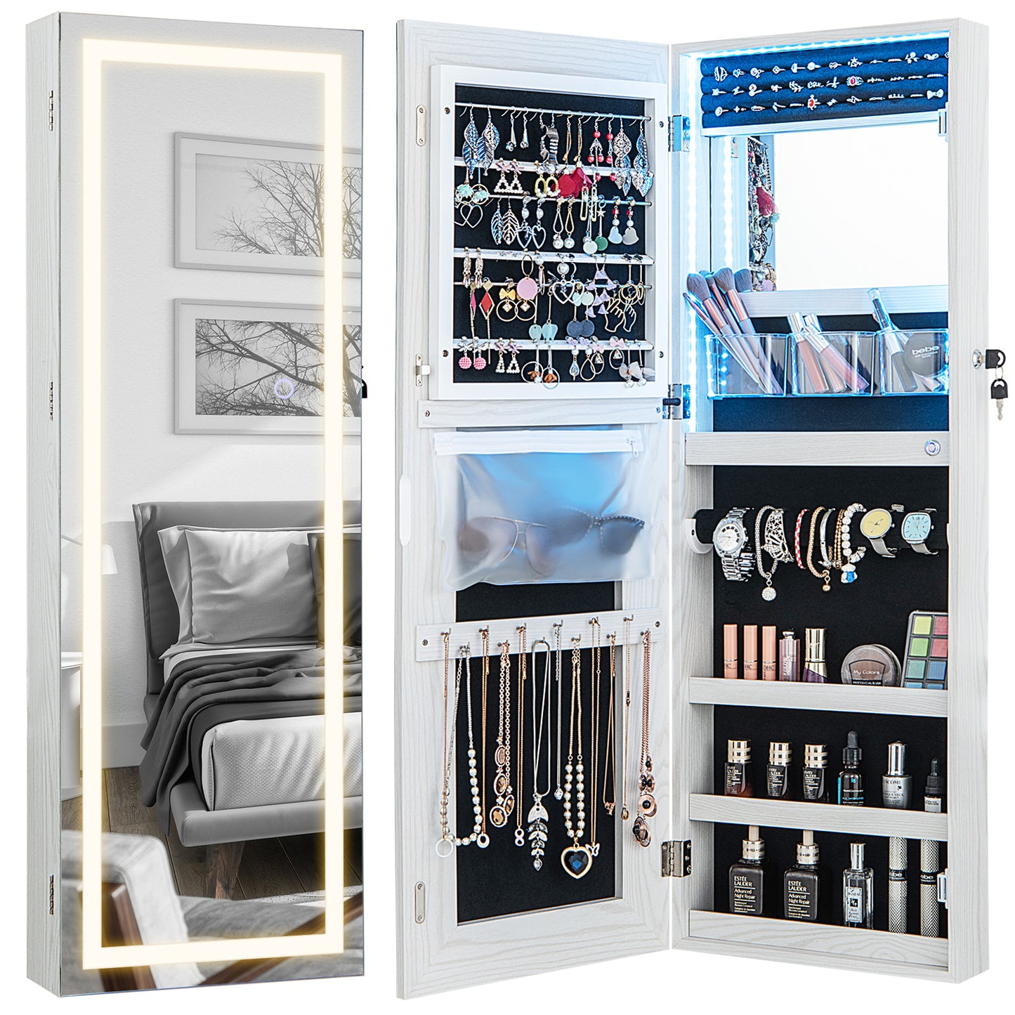 108cm Lockable Jewelry Mirror Cabinet with 3-Color LED Lights-Black1