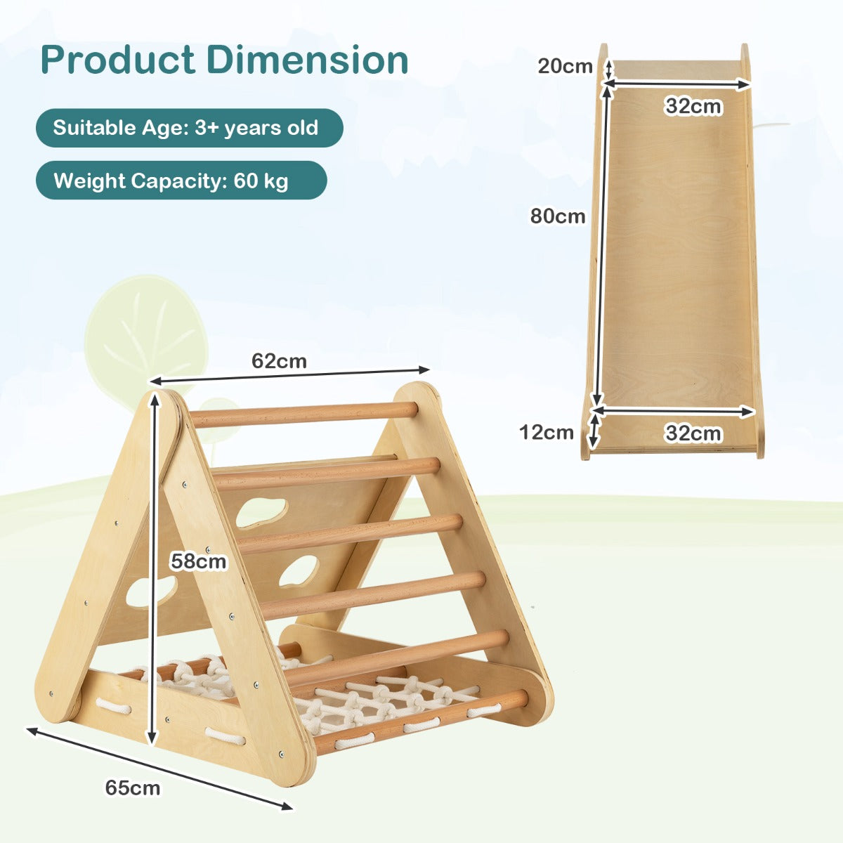 4-in-1 Wooden Triangle Climbing Set with Ramp Sliding Board-Colourful