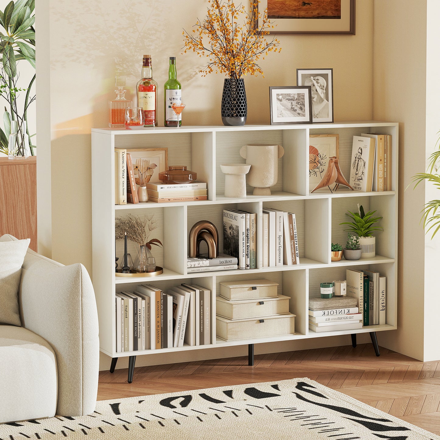 10-Cube Bookcase 140 CM Storage Organizer with 5 Tapered Metal Legs-Natural