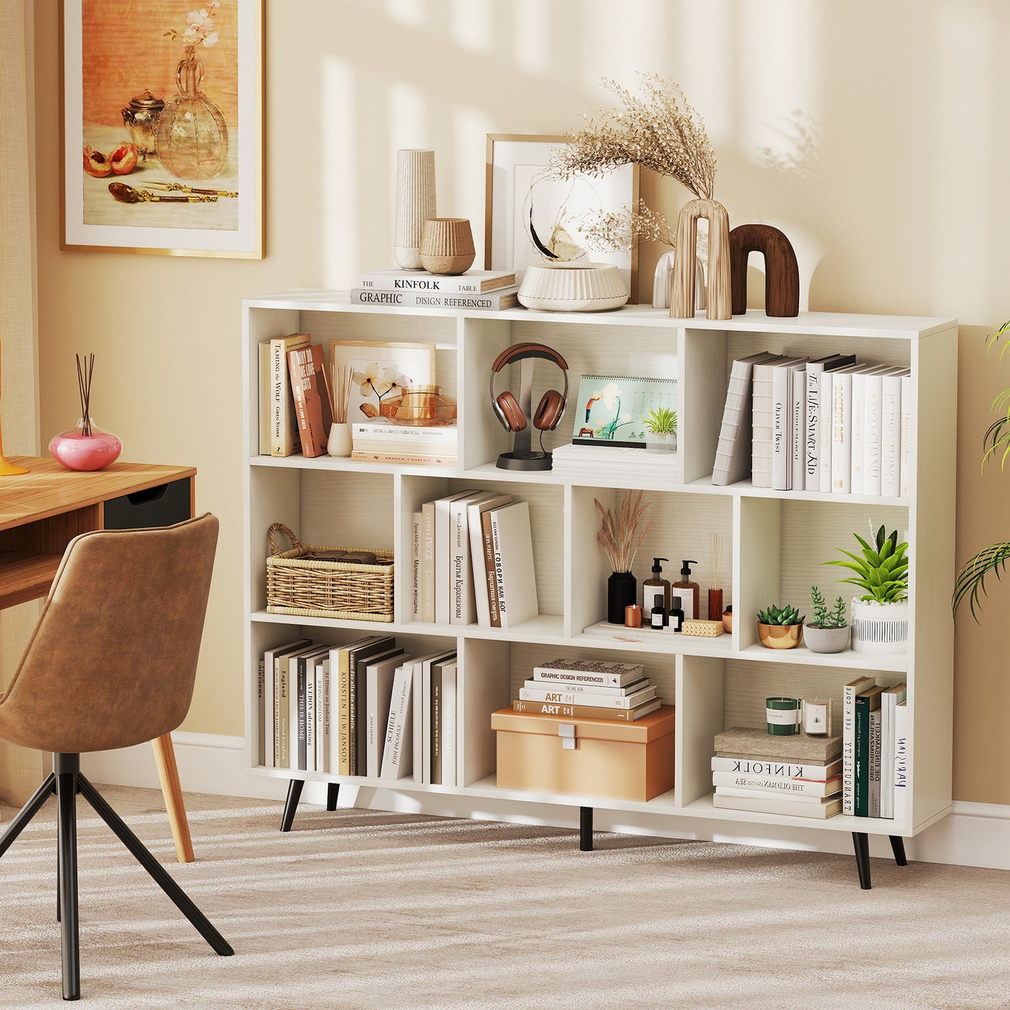 10-Cube Bookcase 140 CM Storage Organizer with 5 Tapered Metal Legs-Natural