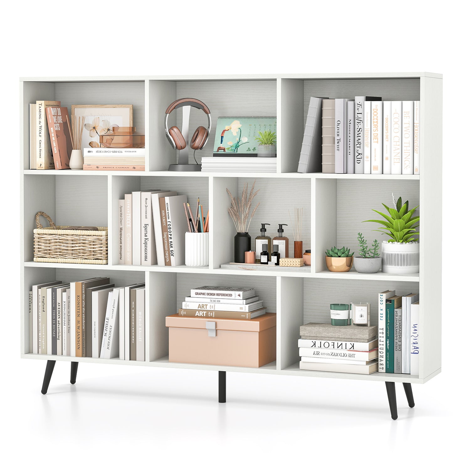 10-Cube Bookcase 140 CM Storage Organizer with 5 Tapered Metal Legs-Natural