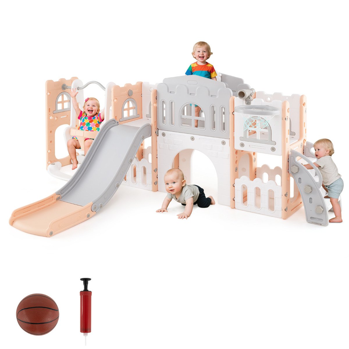 10 in 1 Toddler Swing and Slide Set Kids Indoor Playground-Pink