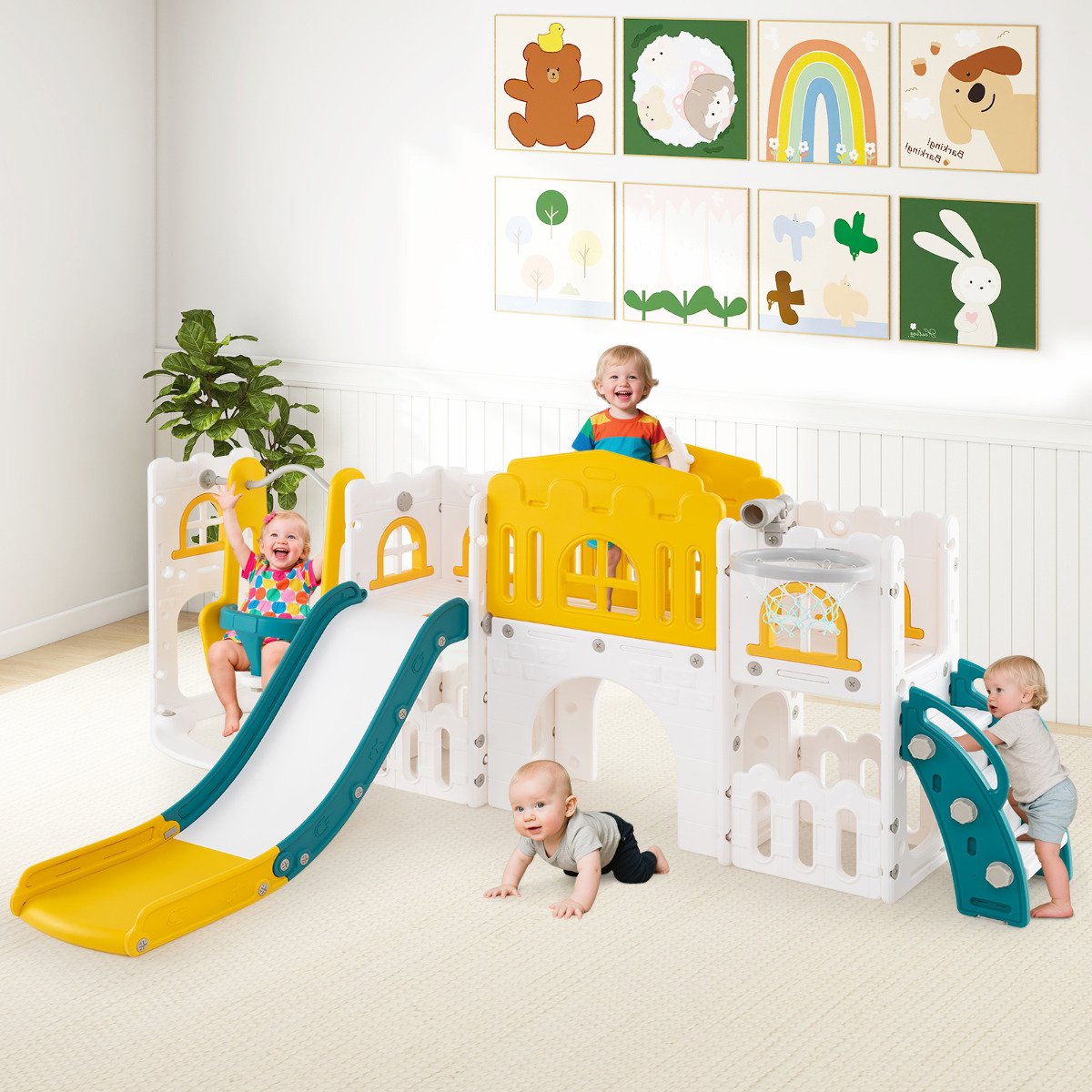 10 in 1 Toddler Swing and Slide Set Kids Indoor Playground-Pink