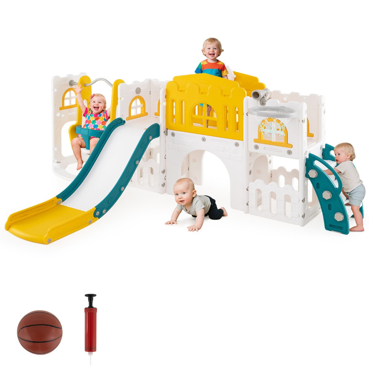 10 in 1 Toddler Swing and Slide Set Kids Indoor Playground-Pink