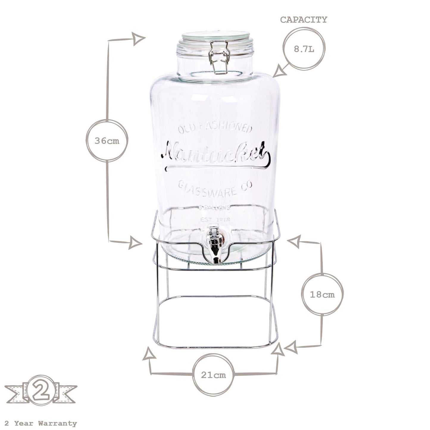 8.7L Glass Drinks Dispenser with Tap & Chrome Stand