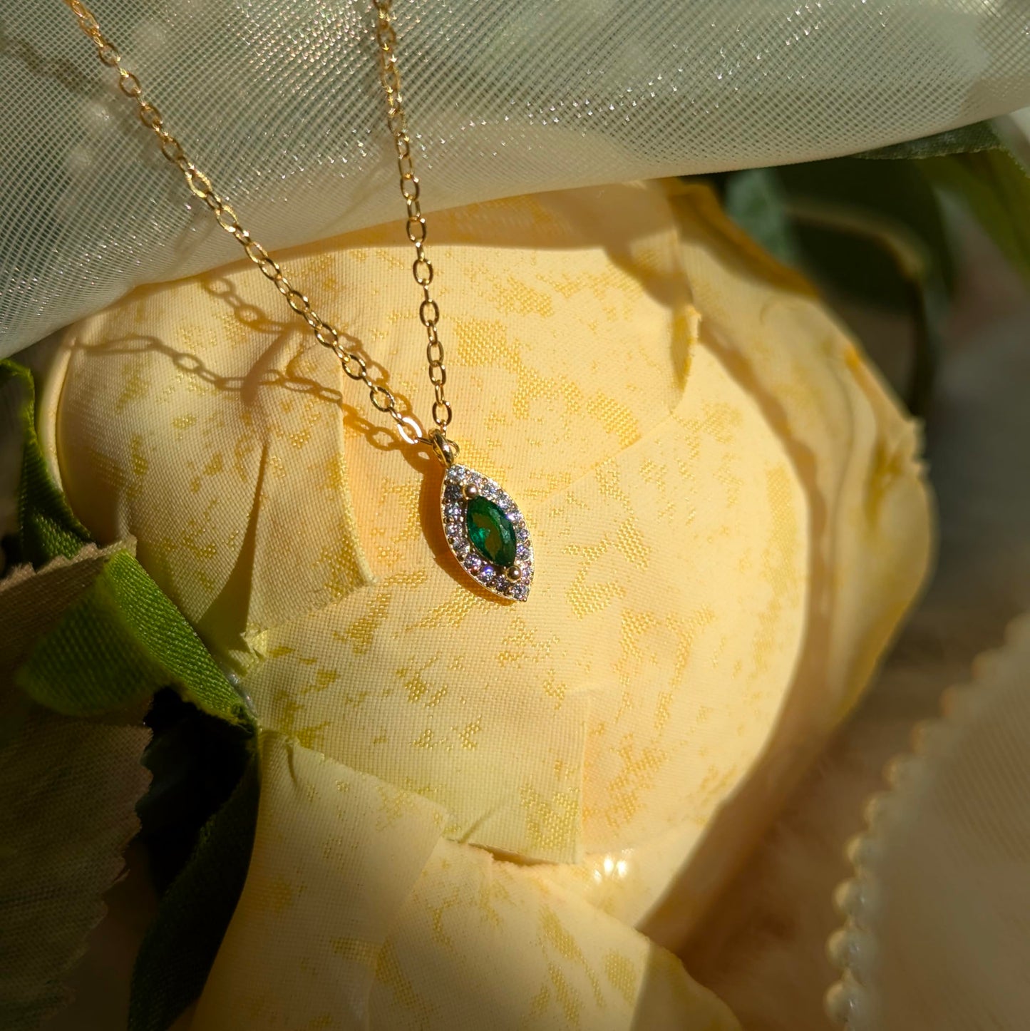 Ameya 14k Gold-Plated Sterling Silver Necklace with Emerald Pendant & Crystal Accents – Elegant Marquise Design, Delicate Luxury Jewelry