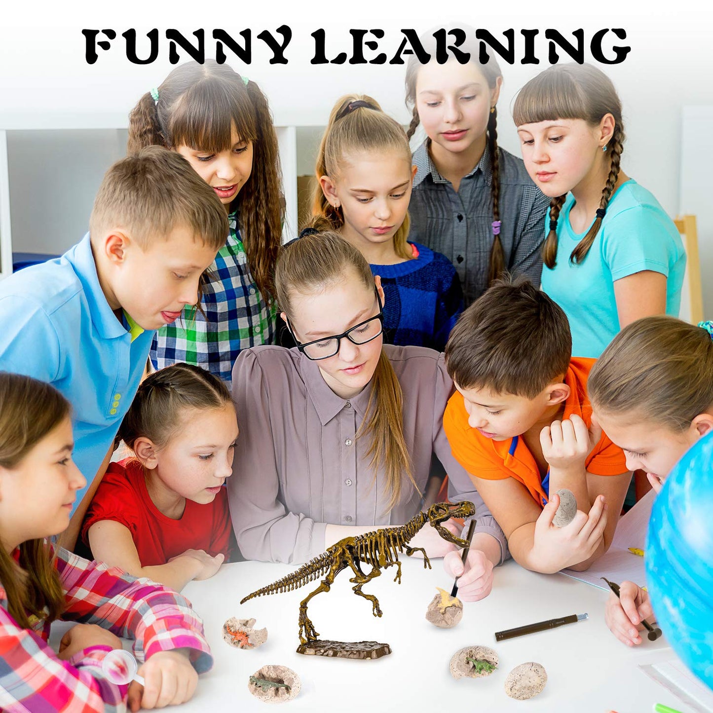 10Leccion Dinosaur Fossil Digging Kit for Kids – Real Fossils, 3D T-Rex Skeleton, 6 Dino Eggs, STEM Gift
