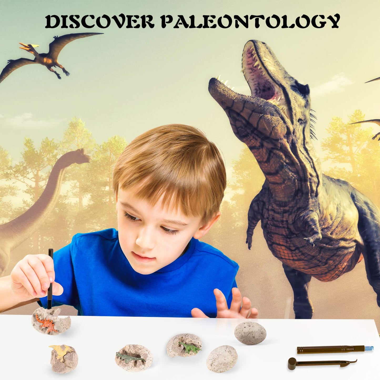 10Leccion Dinosaur Fossil Digging Kit for Kids – Real Fossils, 3D T-Rex Skeleton, 6 Dino Eggs, STEM Gift