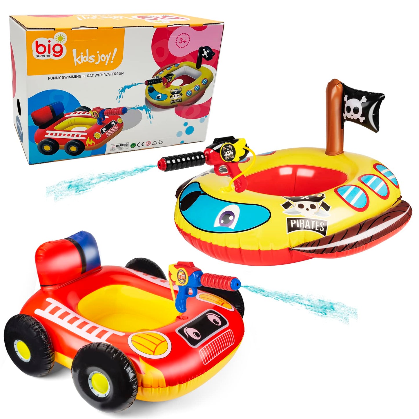10Leccion 2-Pack Inflatable Kids Pool Floats with Water Guns - Fire Truck & Pirate Ship