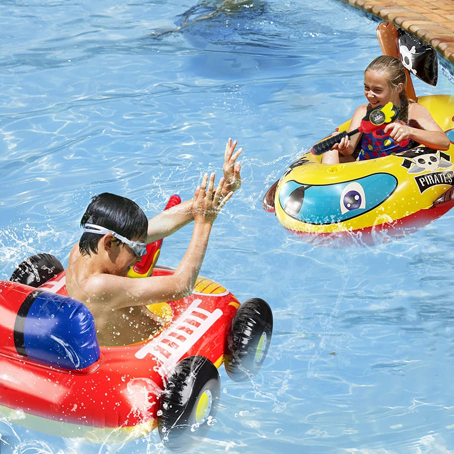 10Leccion 2-Pack Inflatable Kids Pool Floats with Water Guns - Fire Truck & Pirate Ship