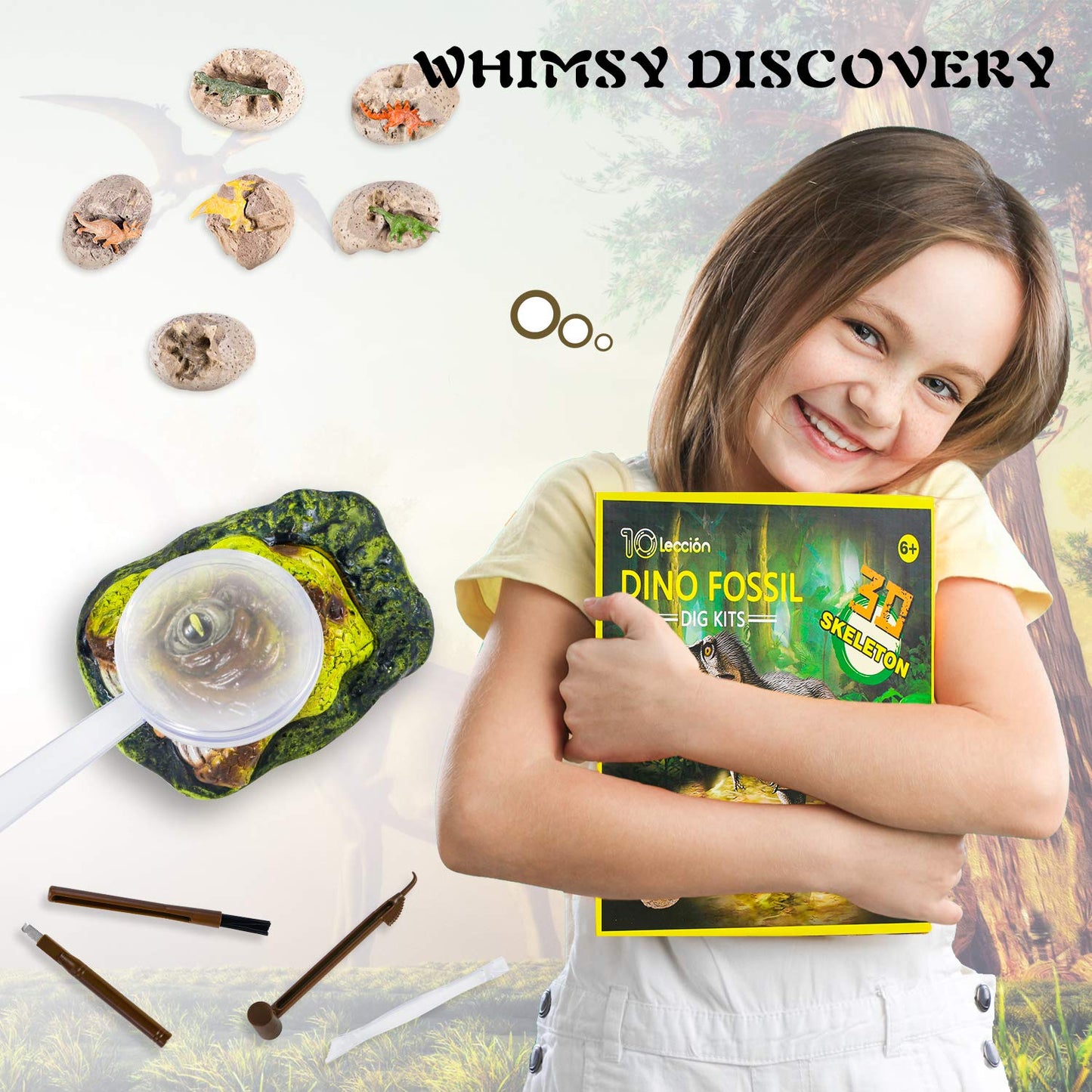 10Leccion Dinosaur Fossil Digging Kit for Kids – Real Fossils, 3D T-Rex Skeleton, 6 Dino Eggs, STEM Gift